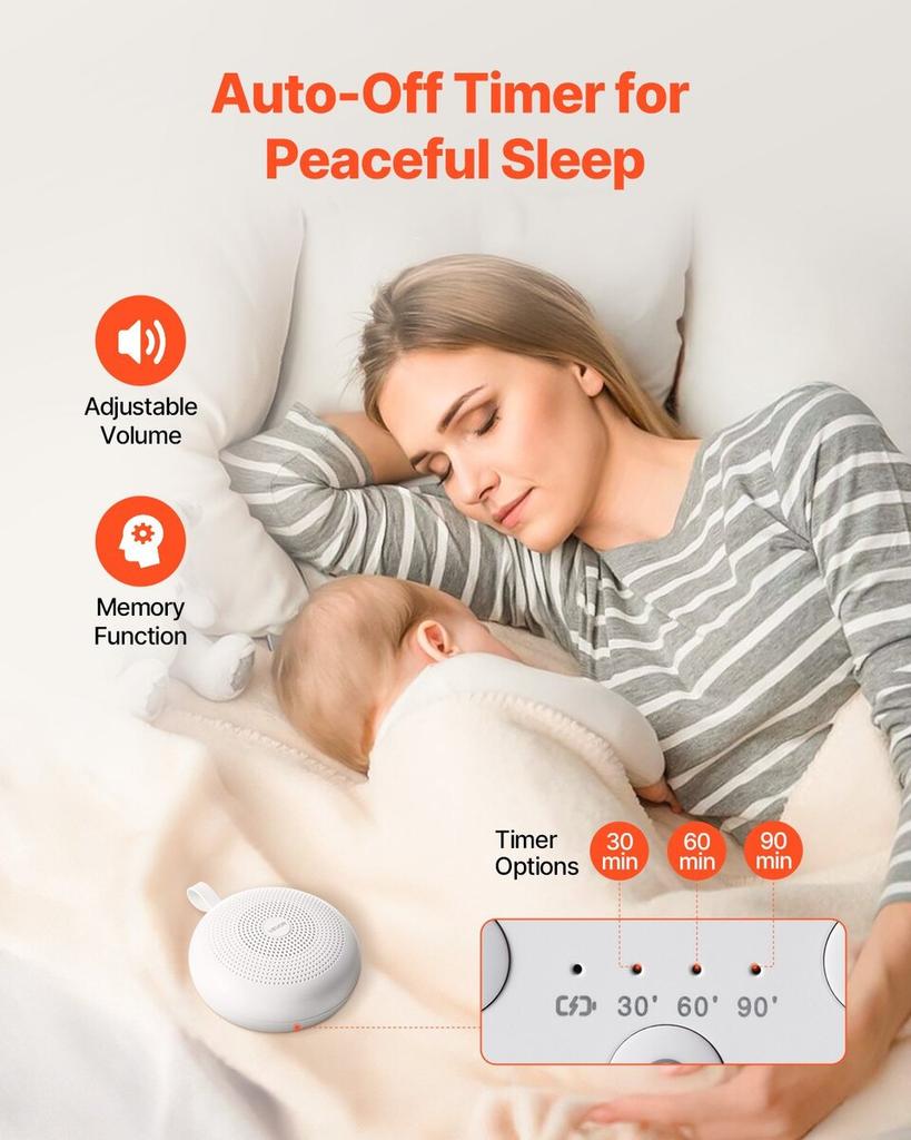 Sound Machine, 30 Soothing Sleep Sounds, 3-in-1 Portable and Hangable White Noise Sound Machine with Auto-Off Timer, Soft Ring Light and Memory