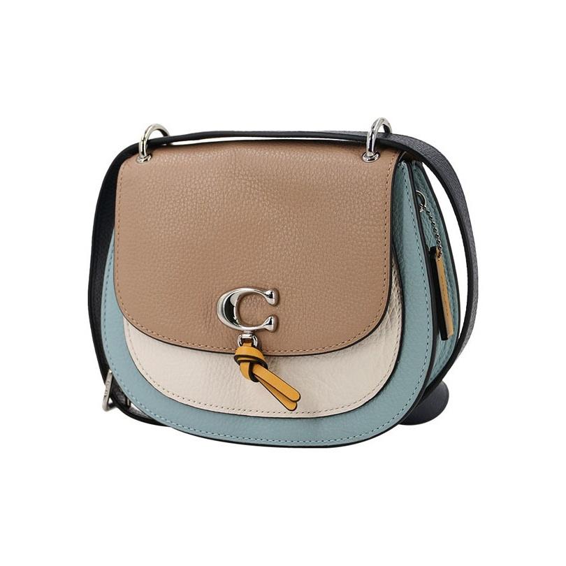 Coach Remi 17 Color Block Leather Saddle Bag Women Shoulder Bag Khaki White Sky-Blue 1330-SVUM