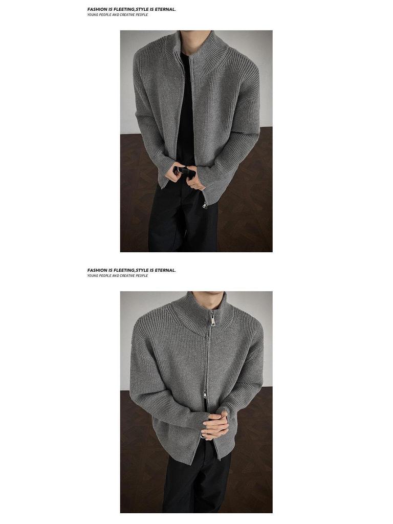 Men's Autumn Knit Cardigan - Loose Casual Stand Collar Jacket with Long Sleeves and Half High Collar Zipper.