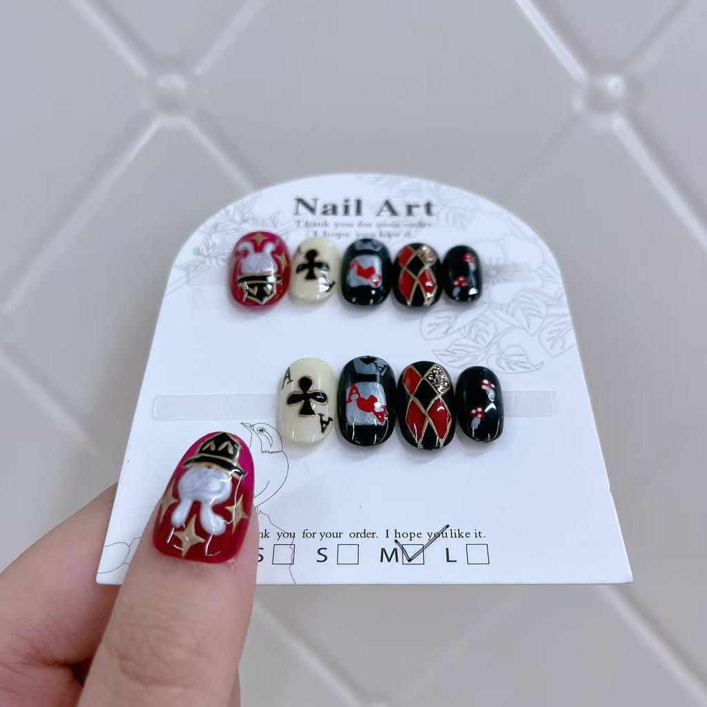 Jia Zhi Mu Hand-Painted Black & Red Oval False Nails - High-Quality Nail Art Tips