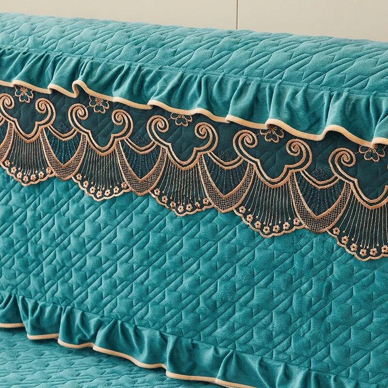 Luxury Fine Flannel Quilted Bed Head Cover Lace Edge Short Plush All-inclusive Headboard Cover Elegant Protective Cover