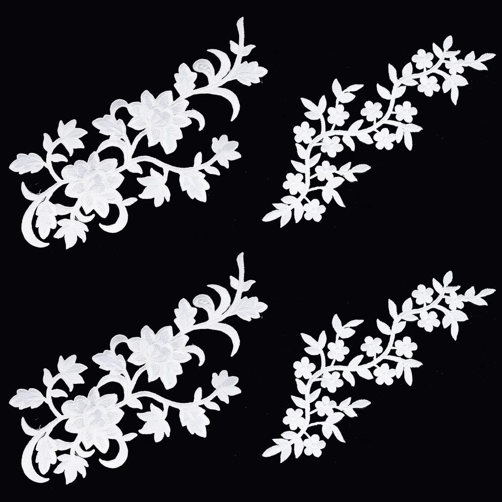 PH PandaHall 4pcs Flowers Iron On Patches, 2 Styles White Embroidery Applique Decorative Patches Embroidered Patch for DIY Cloth Jeans Hats Shirts