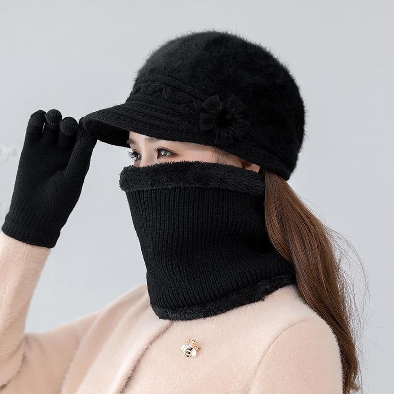 Women's Winter Rabbit Hair Knitted Hat, Snood, and Gloves Set - Fleece-Lined, Cold-Proof, Warm Wool for Middle-Aged and Elderly Moms