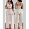 2 Piece Outfits For Women Sexy V-Neck Strap Shirred Slim Crop Tops & Lace-up Wide Leg Pants Sets Elegant Office Lady Suit