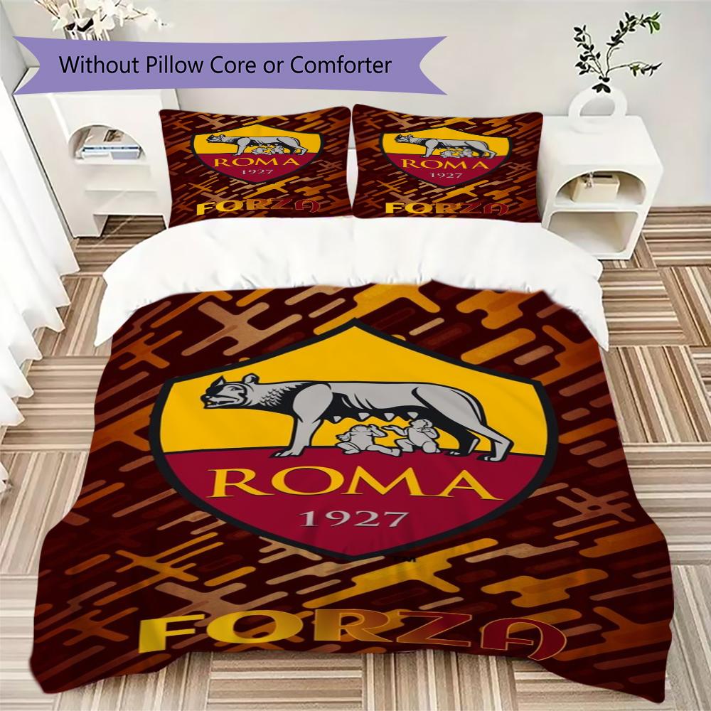 Set lenjerie de pat cu model A.S. Roma Cearșaf pilotă Huse pernă Decorațiune casă Cadou de ziua de naștere (1 * husă de pilotă + 2 * fețe de pernă fără miez)01