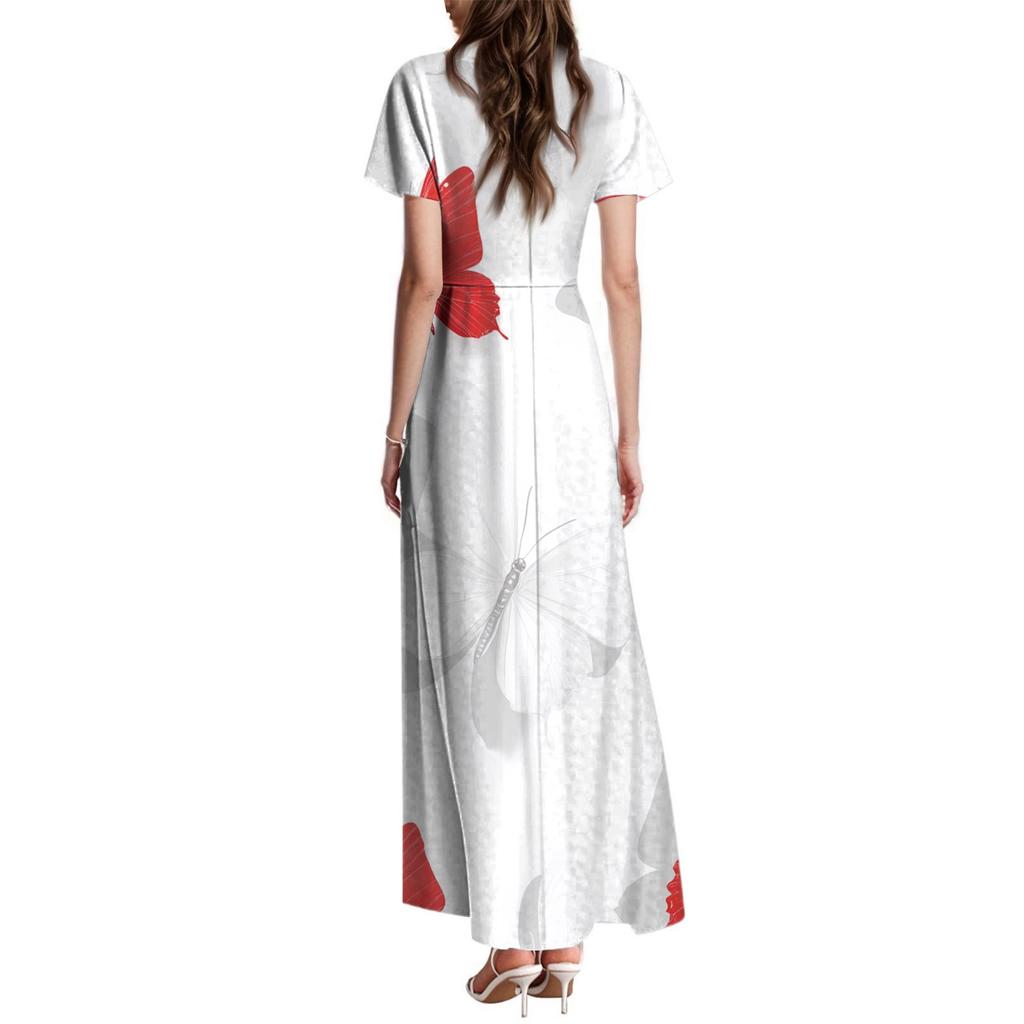 Women's Summer Casual Fashion Butterfly Print Dress V Neck Short Sleeve Dress