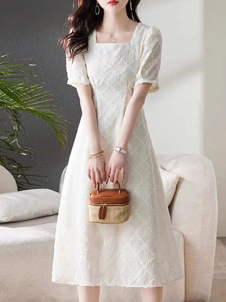 Short Sleeve Tunic Fall [PH.YZBBDPG] Dress, U-Neck, Wedding, Party, Dress, Ruffles, Stylish, Feminine, Slimming, Spring, Summer,