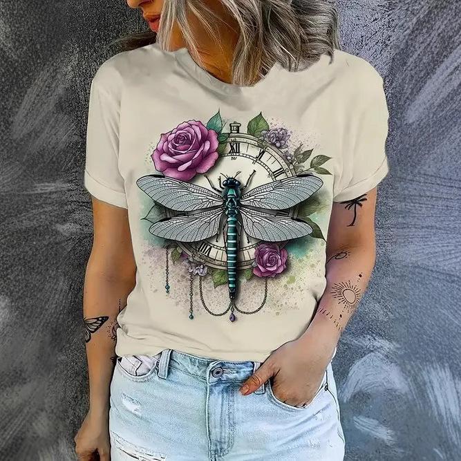 Summer Elegant Temperament Retro 3D Flower Pattern Printed Round Neck Short Sleeved Women's T-shirts