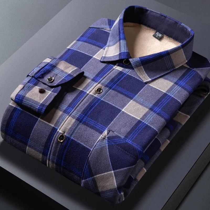 Men's Thickened Fleece Lined Long Sleeve Shirt Warm Slim Fit Plaid Casual Fashion Winter Shirt No Ironing Required Male Apparel