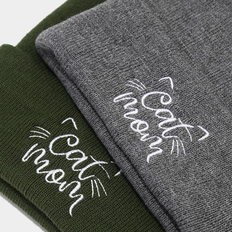 New Cute Cat Mom Embroidery Simple Pile Hat Women's Autumn and Winter Fashion Warm Wool Hat Light Mother Hat