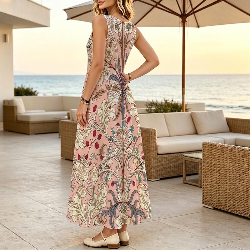 Sleeveless Maxi Dress Vintage Floral Design,Loose Fit,Soft Skin-friendly Fabric,Elegant & Stylish Picnic Outfit,Ideal for Daily Casual