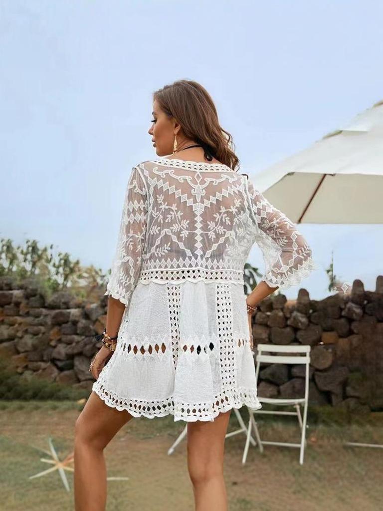 European-American Hollow V-Neck Beach Cover-Up: Knitted Sunscreen Dress for Women