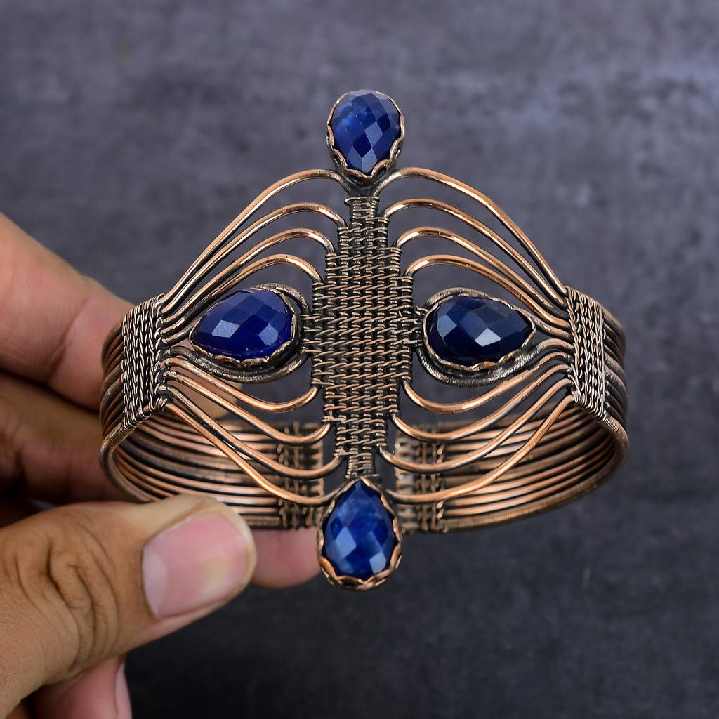 Burmise Sapphire Natural Gemstone Copper Wire Wrap Cuff Bangle Adjustable w6O27