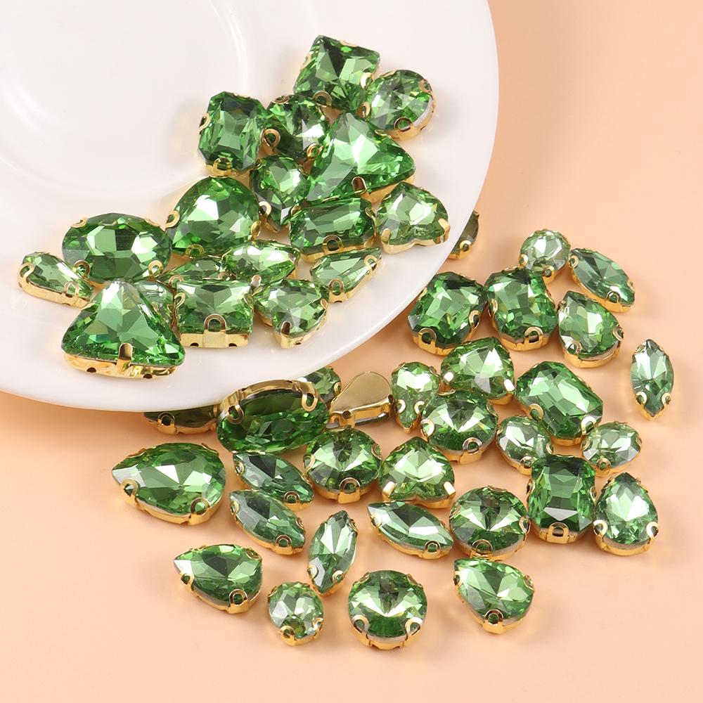 Mixed size glass rhinestone with claw cut diamond on stone bar, K gold base metal crystal, used for embroidery 50 pieces/pack