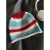 Women Colorful Striped Plush Knit Beanie Letter Embroidered Slouchy Skull Cap Face‑Flattering Warm Winter Soft Knitted Hat
