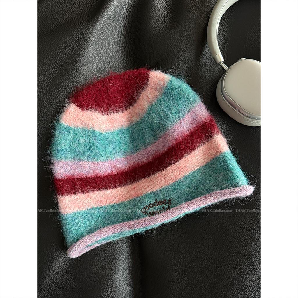 Women Colorful Striped Plush Knit Beanie Letter Embroidered Slouchy Skull Cap Face‑Flattering Warm Winter Soft Knitted Hat