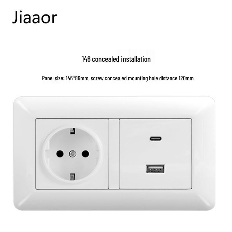 16A White German-Style Double Gang Wall Socket Panel with USB & Type C, European Standard.
