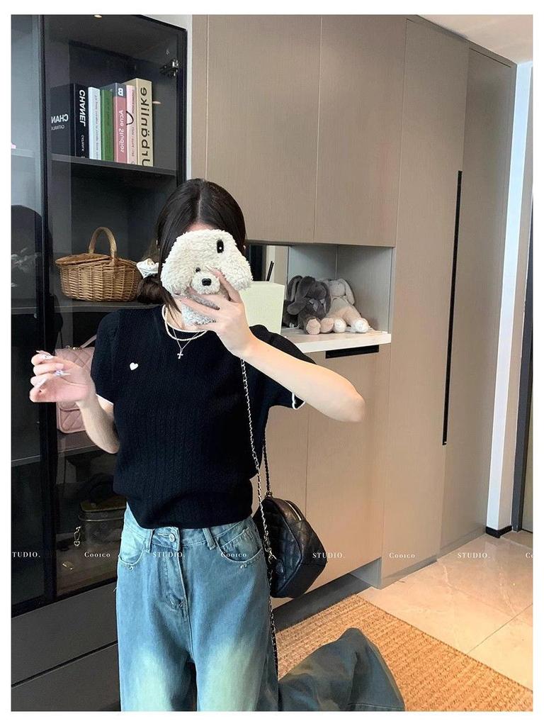 Chic Summer Heart Design Ice Silk Knitted T-shirt - Women's Short Sleeve Color Block Top