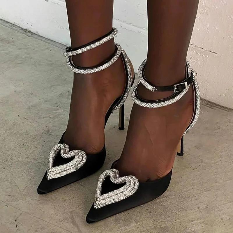 Fashion Glitter Rhinestones Women Pumps Crystal Heart Shape Buckle Summer Lady High Heels Party Fashion Prom Shoes