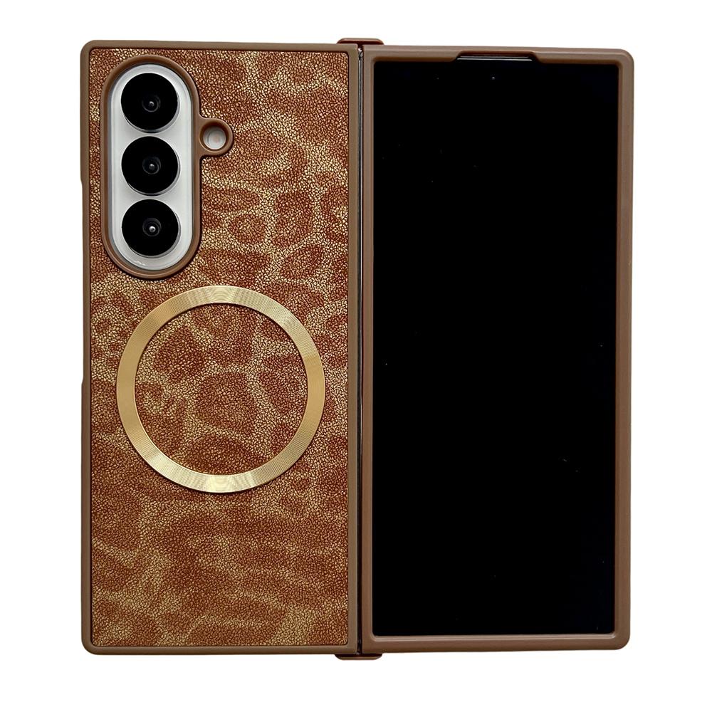 Leopard Print Luxury Leather Magnetic for Magsafe Phone Case for Samsung Galaxy Z Fold 7 6 5 4 Fold7 ZFold7 Shockproof Cover