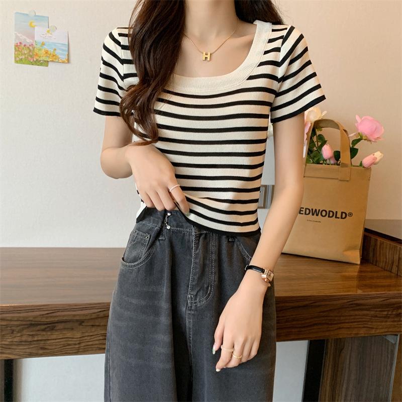 Striped Square Collar Knitted Short Sleeve T-shirt Women's Summer New Women's Card Waist Small Shirt U Collar Top