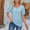 Spring/Summer Women's Button Round Neck Bubble Sleeve Loose Solid Color T-shirt Top