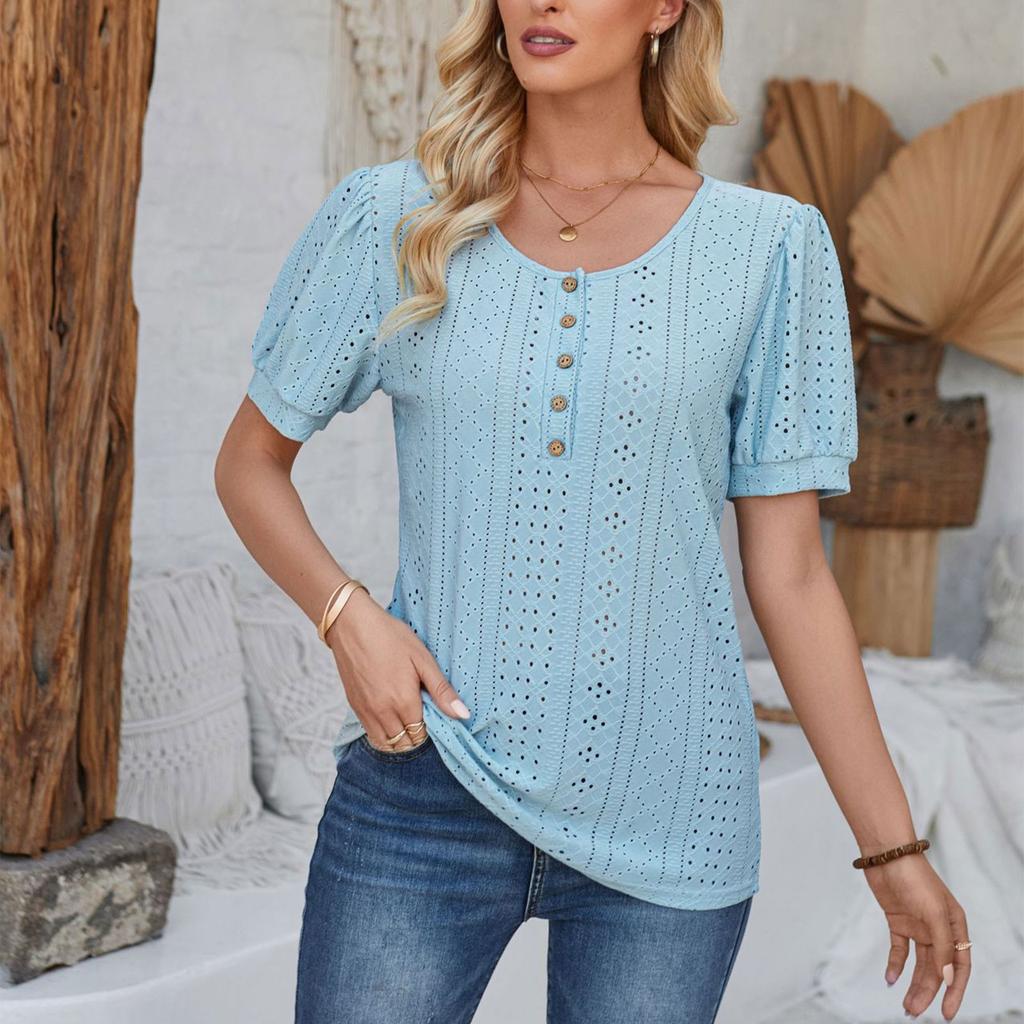 Spring/Summer Women's Button Round Neck Bubble Sleeve Loose Solid Color T-shirt Top