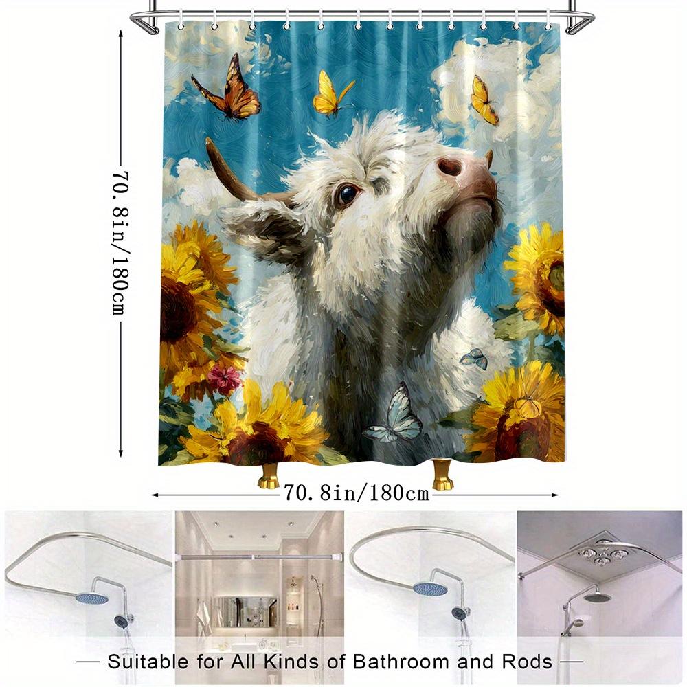1pc Charming Goat Shower Curtain with Vibrant Sunflowers and Butterflies - Refreshing Bathroom Decor, Polyester Fabric, Includes