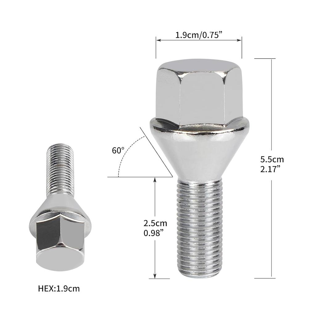 12x1.25 Wheel Lug Bolts 5 Pcs Silver Lug Shank 28mm Compatible with Jeep Compass Renegade Fiat Cherokee Acorn, 28mm Shank 19mm Hex 2.45 inch Length