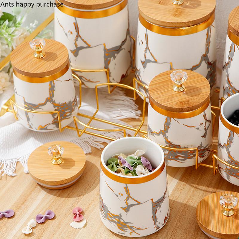 Ceramic Storage Jar 7 Piece Set Airtight Jar with Wooden Lid Storage Tank Food Storage Box Tea Caddy Spice Jars Kitchen Storage