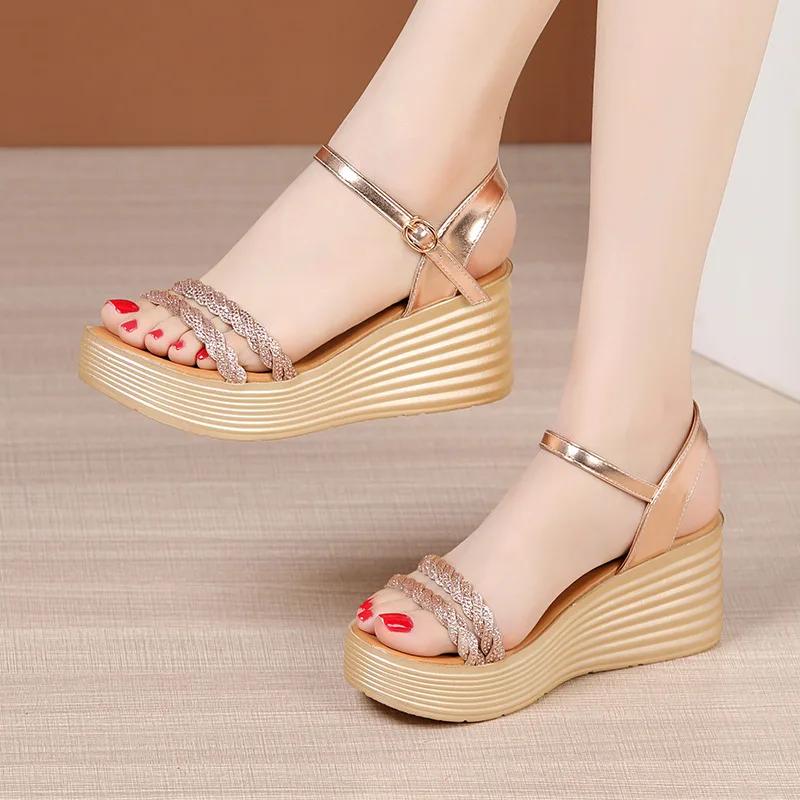 

Small Size 33-43 Elegant Crystal Gold Wedding Shoes Woman High Heels 2025 Summer Platform Wedges Sandals for Office Mom Party 43 золотой