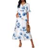 Ladies Casual Fashion Temperament Elegant Waist Patchwork Floral Print Long Dress