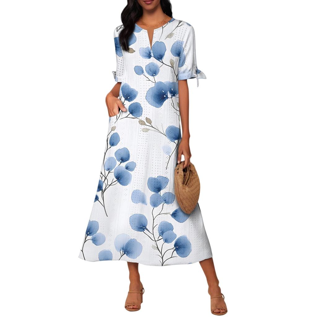 Ladies Casual Fashion Temperament Elegant Waist Patchwork Floral Print Long Dress