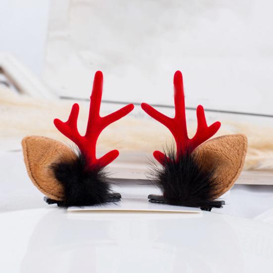 1 Pair Reindeer Antler Hair Clips for Christmas Fluffy Ear Headband with Pom Poms Festive Girls Hair Accessories Gift for Women Kids