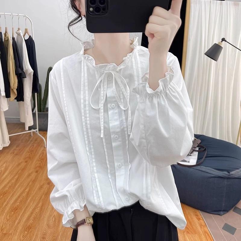 

Весеннее платье Воротник «лепесток лотоса» Завязка Чистый хлопок Рукав лук Женский топ 2025 Новый Универсальная рубашка L