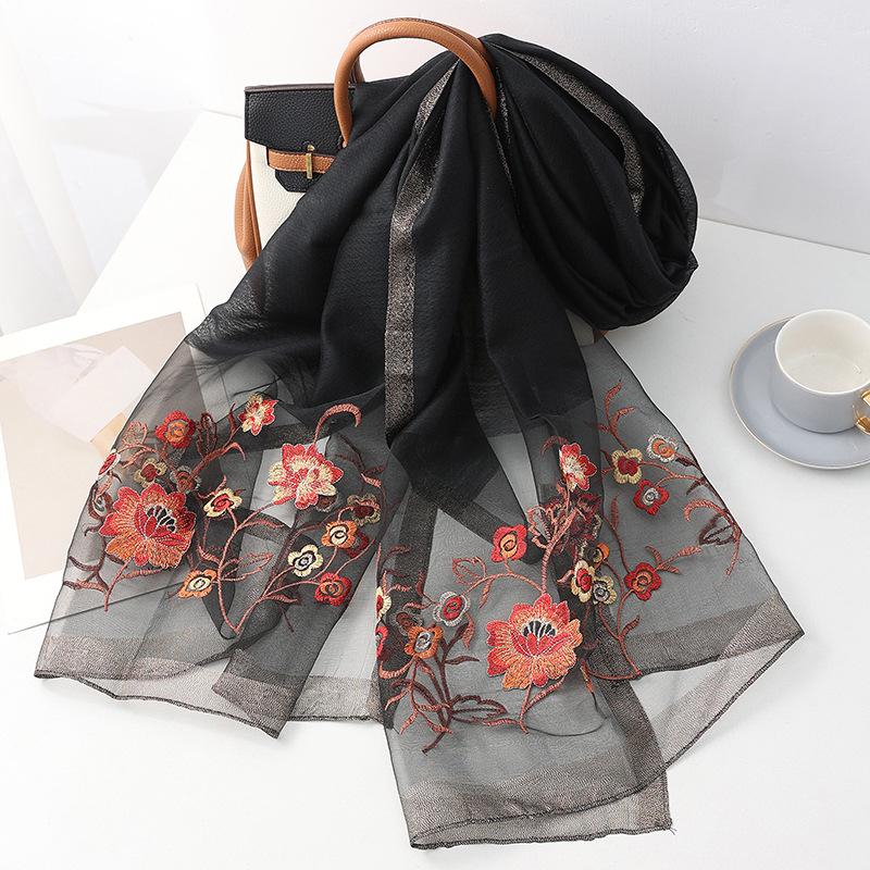 Four Season silk wool scarf women hijab pashmina shawls wrap Luxury Bandana Floral Pashmina Embroidery Scarves Foulard Fashion