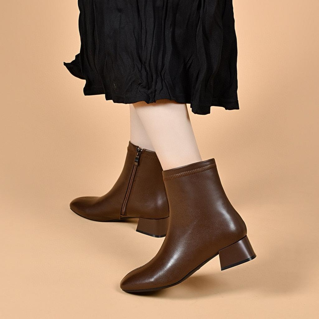 Leather Boots Women's New Simple Temperament Straight Boots Low Heel Square Head Fashion Boots Women's Boots Cotton Boots