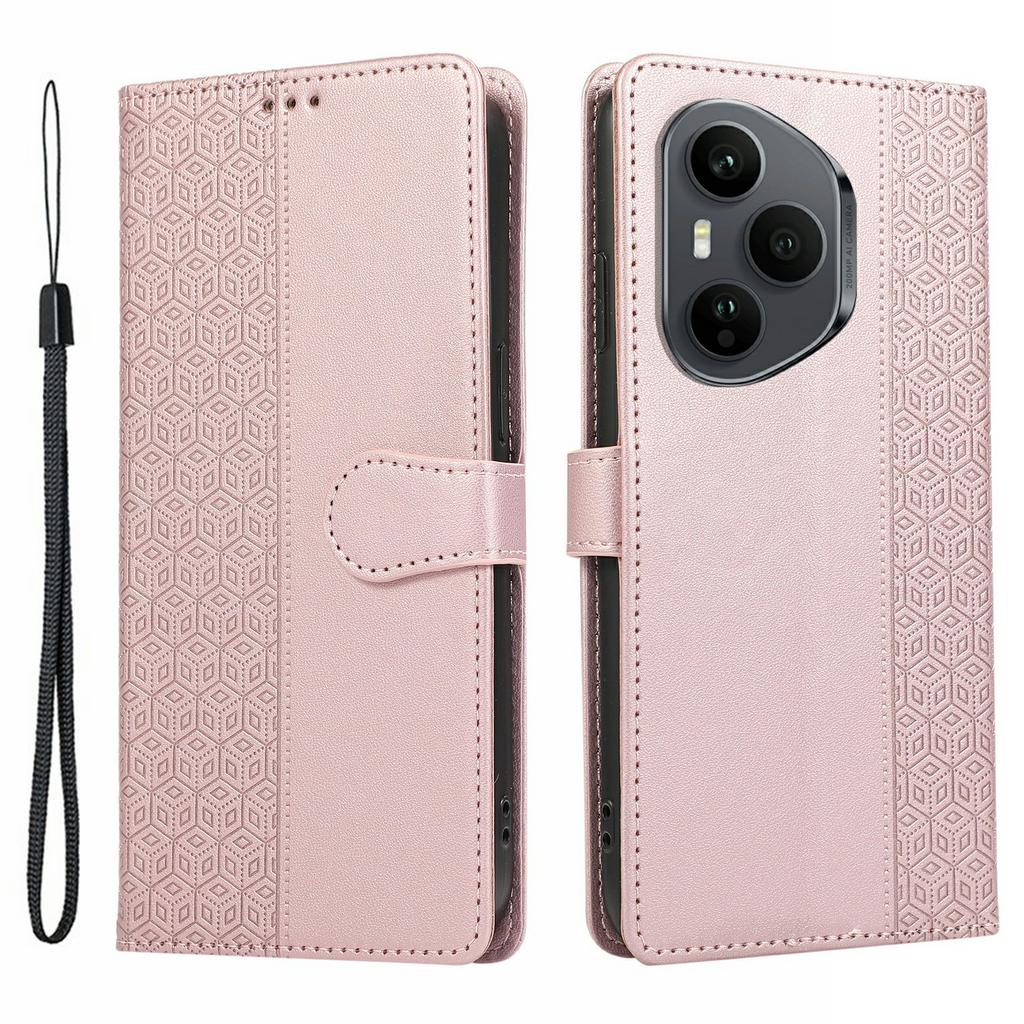 For Honor 400 Pro 5G (Global) Case Splicing Imprinted Rhombus Leather Phone Cover with Wrist Strap