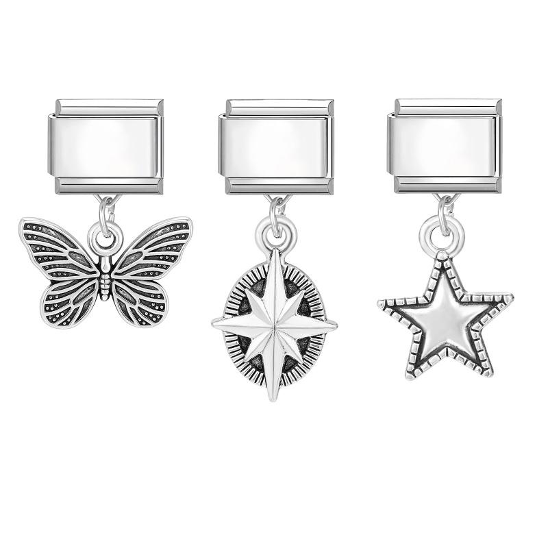 3Pcs/Set Brilliant Butterfly Moon Cherry Flowers Pendant Italian Charm Links Fit 9mm Stainless Steel Bracelet DIY Making Gift