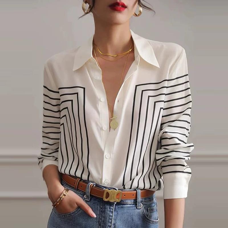 

Spring Autumn Women s Striped Long Sleeve Shirt Elegant Turn Collar Loose Silk Blouses And Shirts S белый