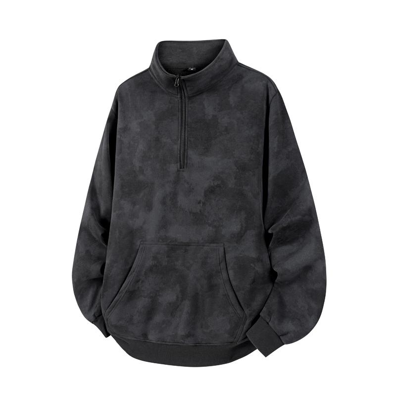 Men's Dark Gray Tie Dye Half Zip Stand Collar Casual Pullover Sweatshirt