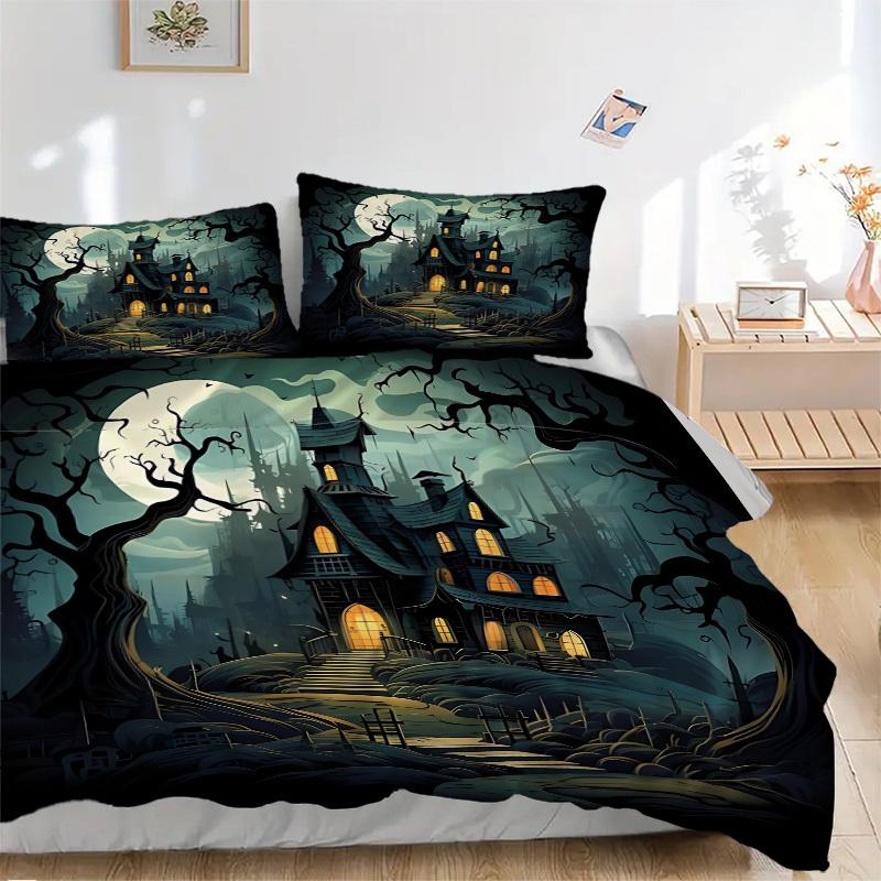 3pc Haunted House Moonlit Night Cover Set - 1 Quilt Cover + 2 Pillowcases, All Seasons Bedroom Setting, Perfect for Home068