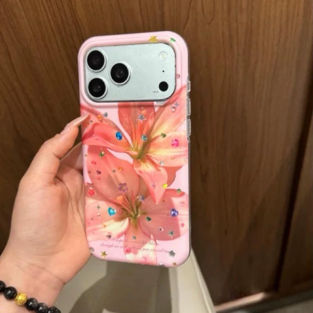 

Розовый лилия блестящий чехол для iPhone 17 Pro Max 16 Pro Полное покрытие Женский мягкий дизайн с бриллиантами iPhone 15