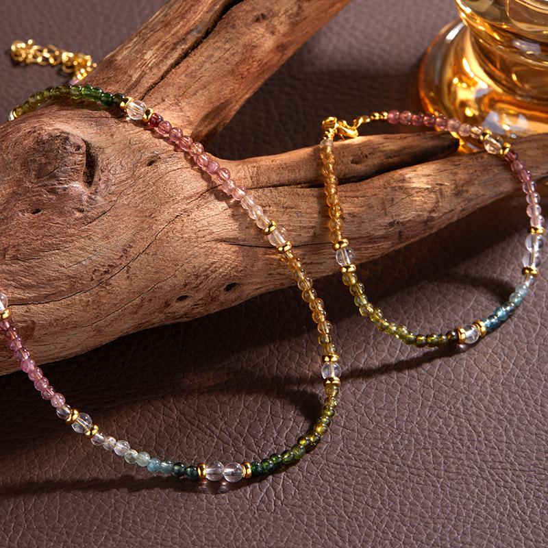 Natural Gemstone Tourmaline Bracelet Women's S925 Sterling Silver Handmade Beaded Clavicle Chain