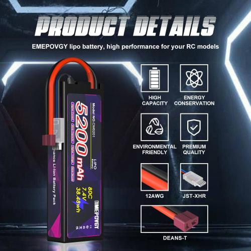 7.4V LiPo Battery, 5200mAh, 80C, 2S, Set of 2, with Deans T, Suitable for Various RC Cars and Trucks