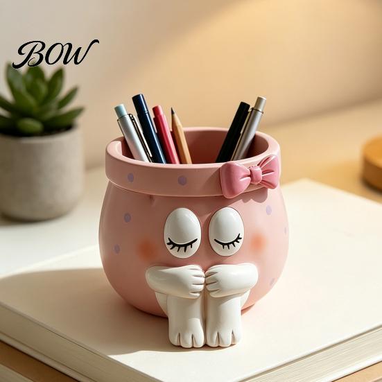 Desktop Storage Accessories Cute Cartoon Girl Pen Holder, Resin Makeup Brush Decorative Creative Stationery Holder Organizer with Bow Design, Sundries