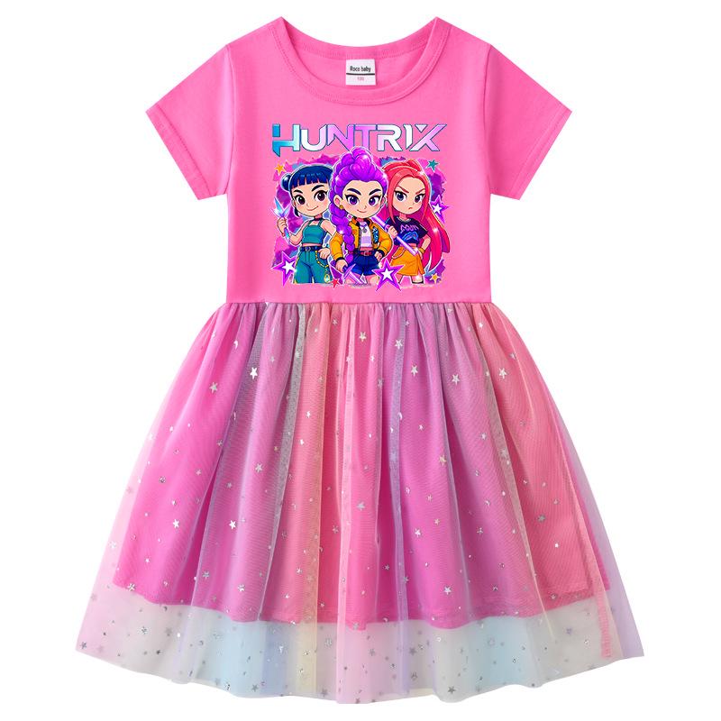 Girls' Kpop Rainbow Sequin Mesh Dress - Long Sleeve, Perfect for Spring & Autumn