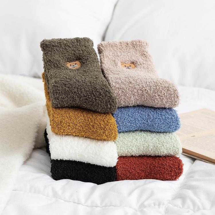 1pair Coral Fleece Sleeping Socks Home Socks Women's Mid-tube Autumn and Winter Embroidery Bear Cute Plus Velvet Thick Warm Long Tube