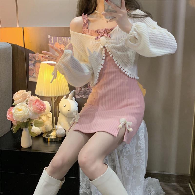 

Осень 2024 Милое платье-слинг с разрезом в японском стиле и стройнящим бантом S