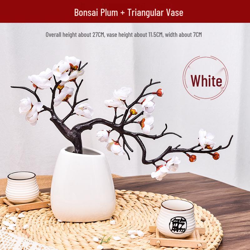 Artificial Plum and Peach Blossom Branch Ornament for Living Room - Dried Flowers Bonsai Arrangement In Pot for Indoor Winter Decoration